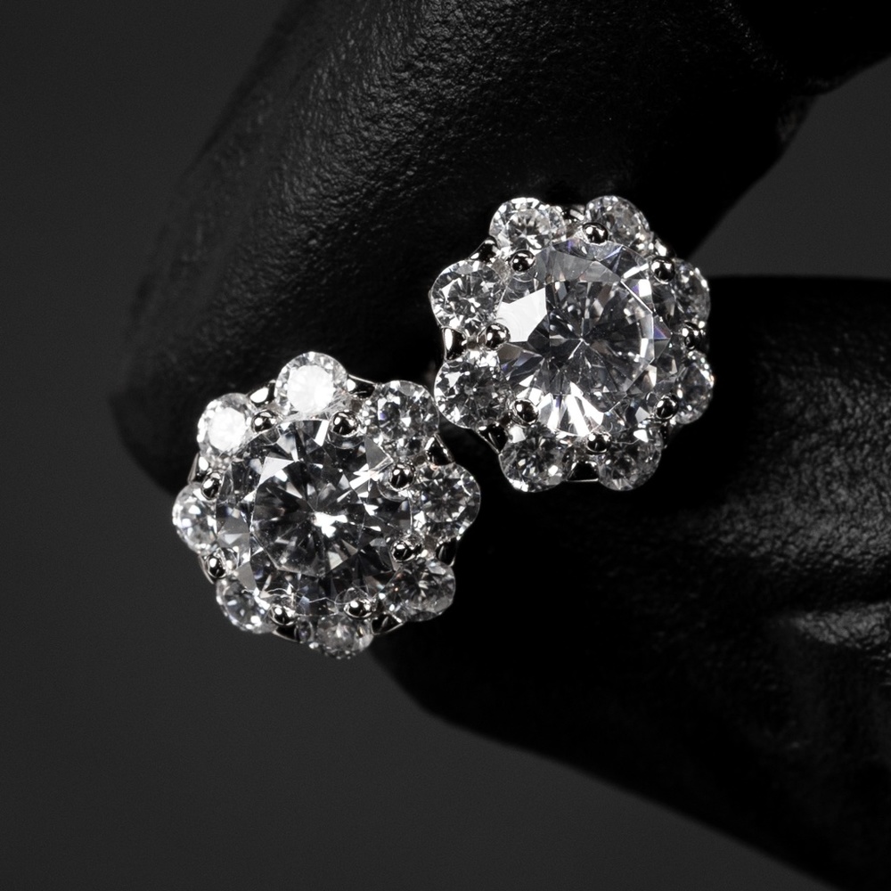 Men's Women's 925 Sterling Silver Flower Cluster Hip Hop Pointer Stud Earrings